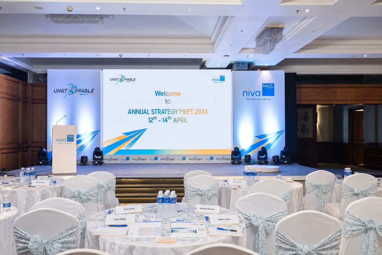 Corporate strategy meet with LED welcome screen and banquet seating