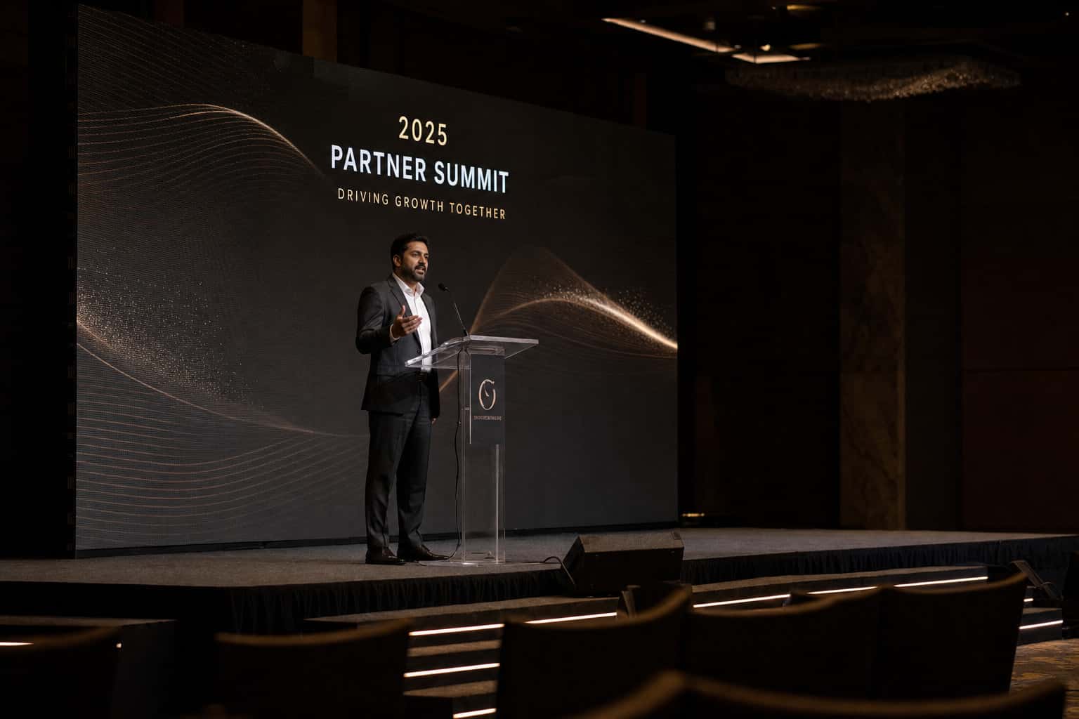 Solo keynote speaker at a podium on a dark corporate conference stage with golden LED backdrop, empty hall