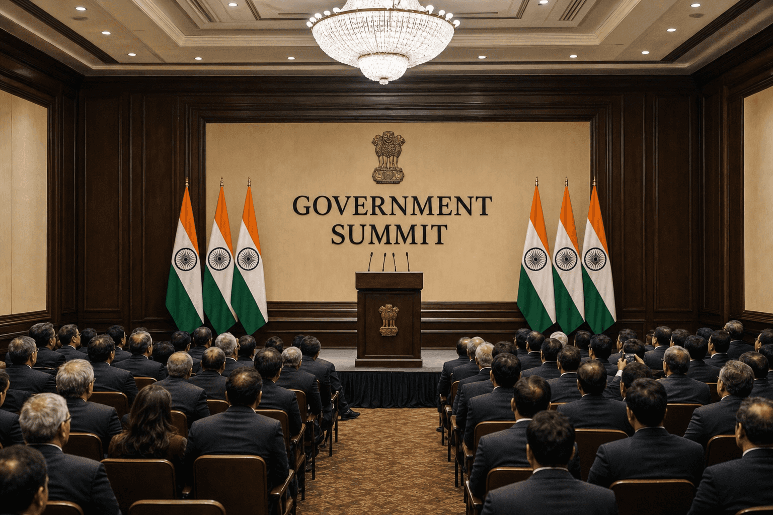Formal government summit hall with national flags