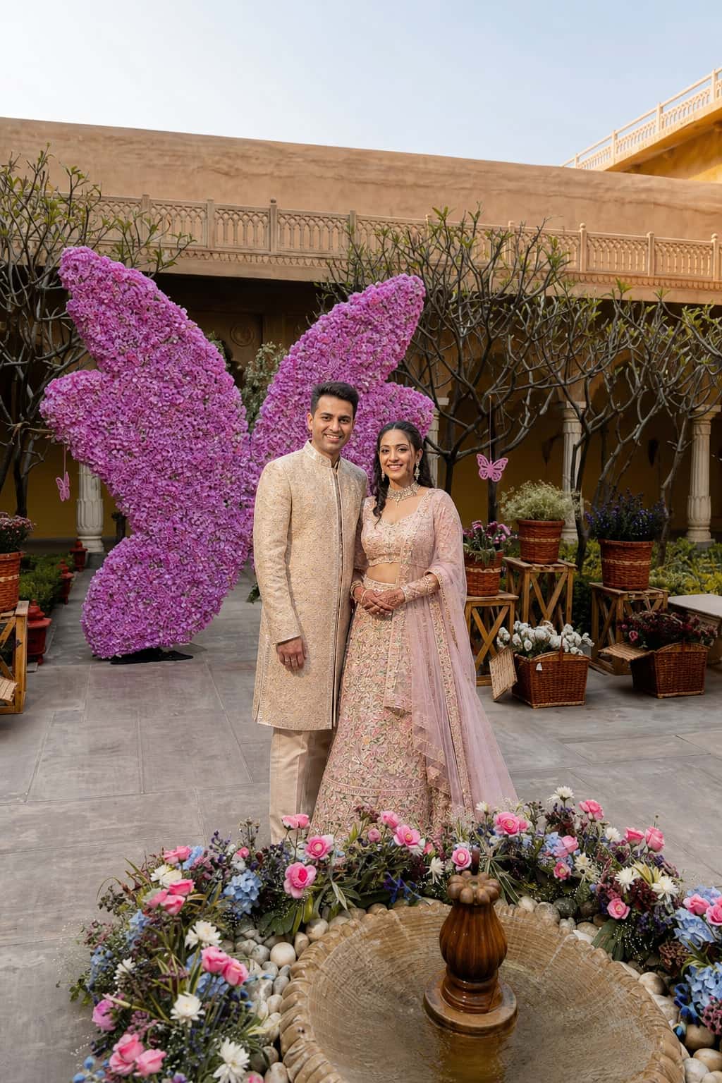 Heritage courtyard with a large purple floral butterfly installation