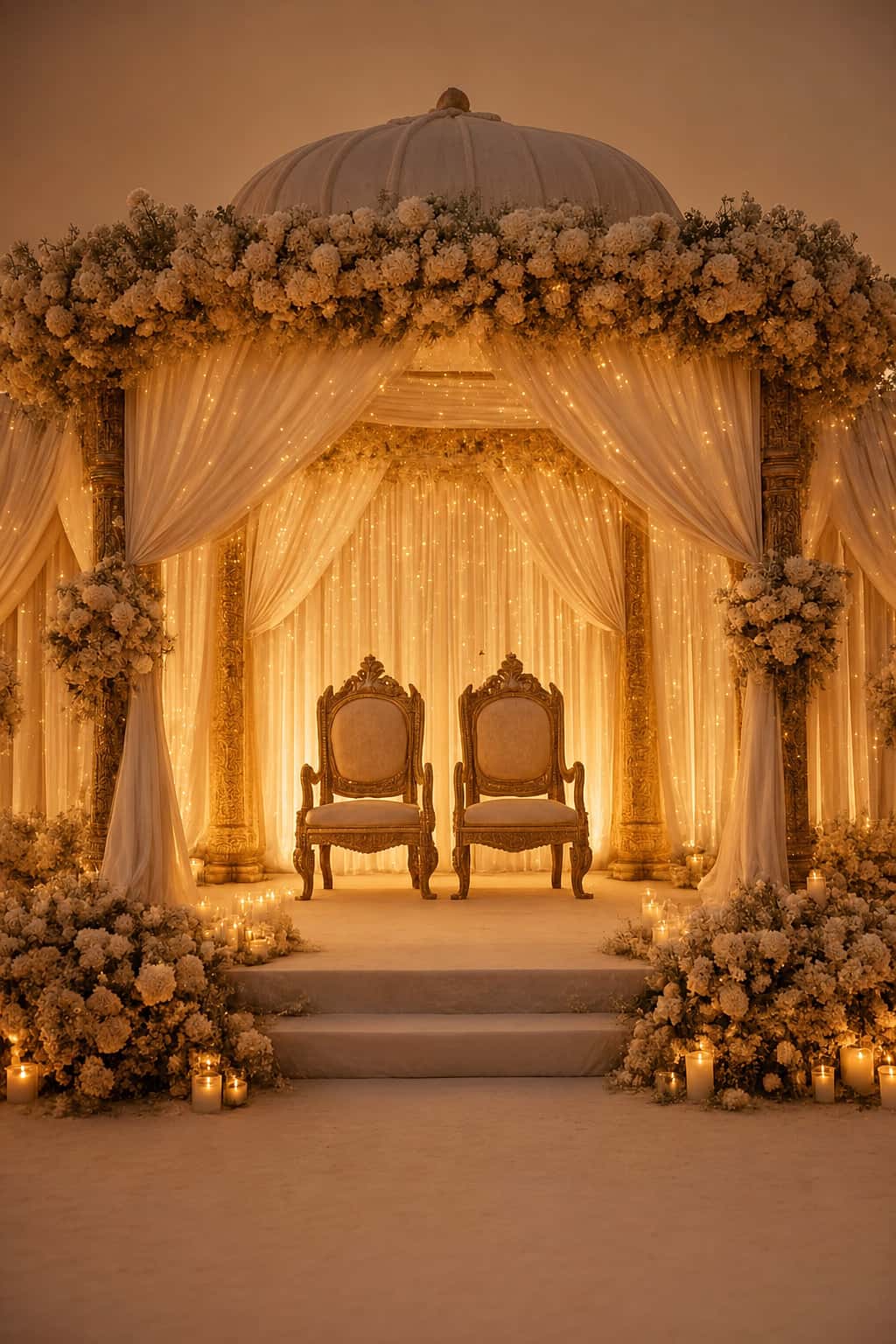 Opulent golden wedding mandap with floral dome and candlelit steps
