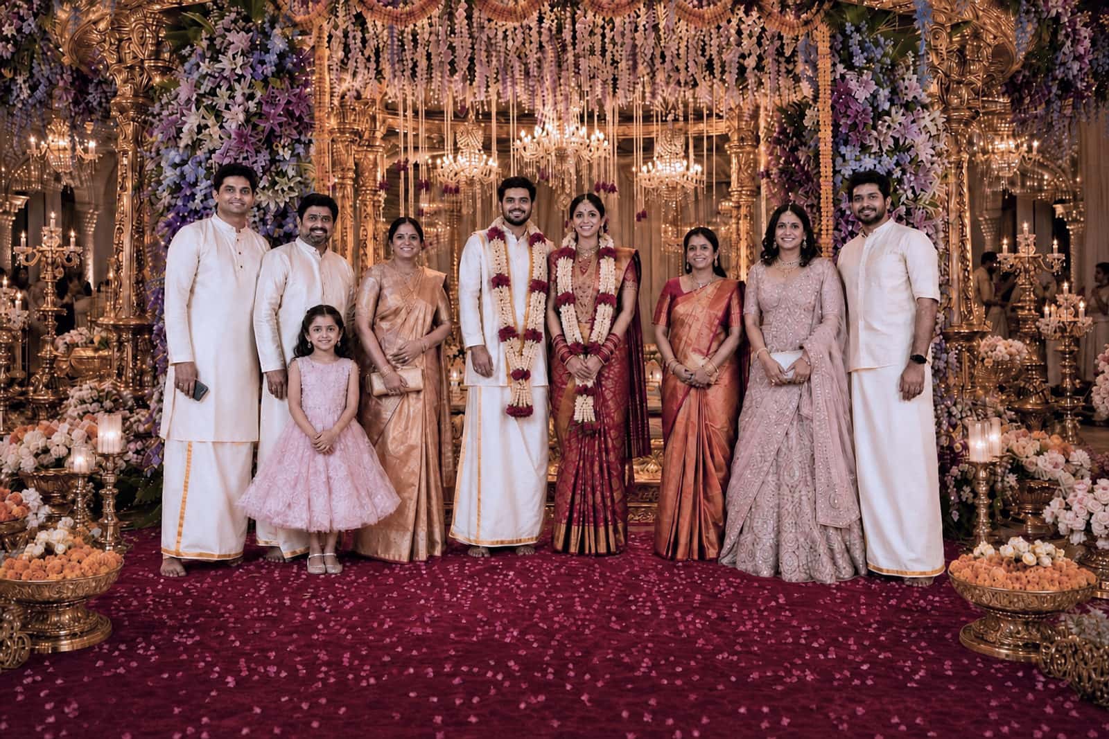Grand South Indian royal wedding mandap with crystal chandeliers and rich silk