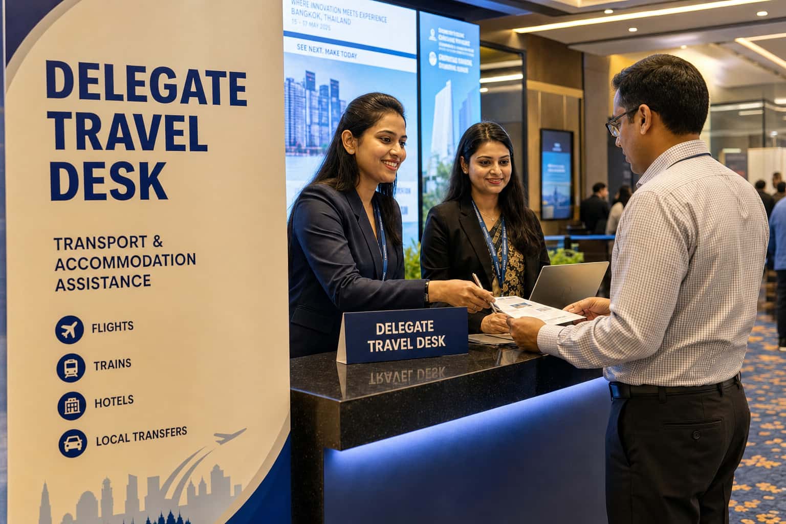 Delegate travel desk at a premium corporate event
