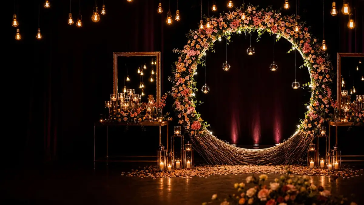 Luxury floral moon-gate arch under warm Edison lights in a dark crimson venue